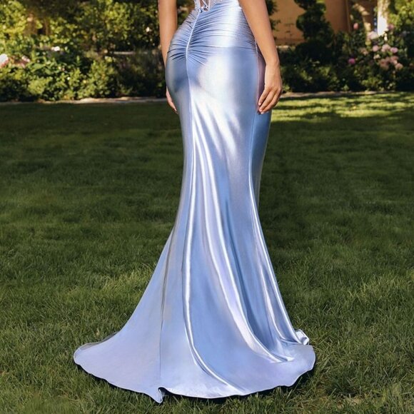 New Soft Satin Sage Evening Maxi Beaded Dress w/ Sheer Boned Bodice CD T819 - Picture 6 of 9